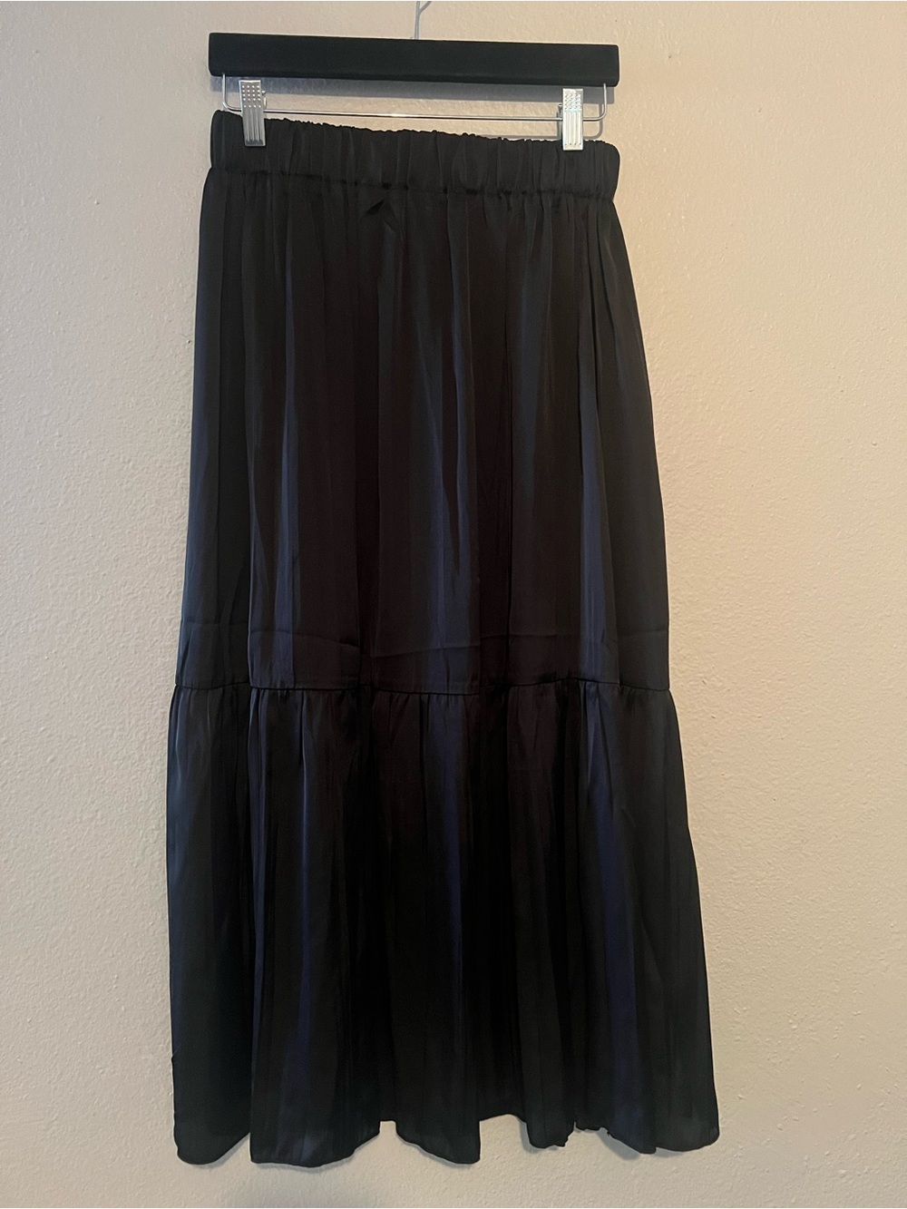 Philosophy Republic black maxi skirt with elastic waistband and ruffle hem.